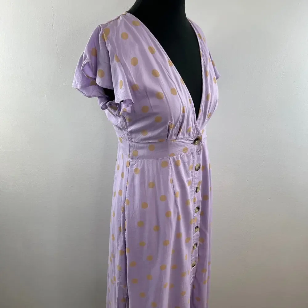 L Space Jordan Polka Dot V-Neck Flutter Sleeve Button-Front Dress Lilac Purple S - Picture 6 of 9